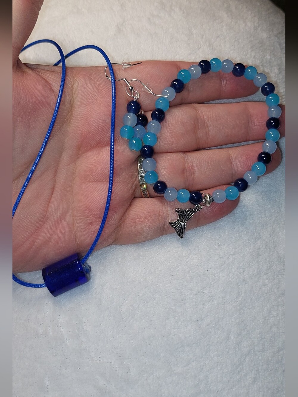 Blue GlassBeaded Bracelet and Necklace Set with Butterfly Charm 925 Earrings